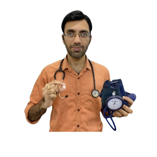 image of dr prasoon holding blood pressure machine